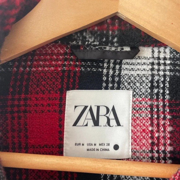 Zara Plaid Overshirt Longline Shacket Jacket Coat NWT Red White Size Medium - Picture 10 of 11